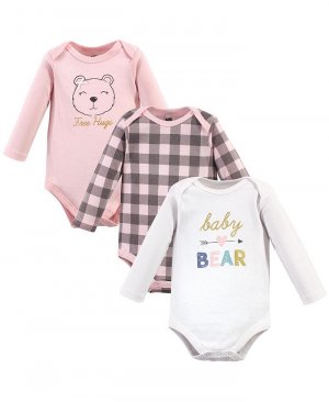 Хлопковые боди с длинными рукавами для маленьких девочек Baby Bear, 3 шт. , розовый Hudson
