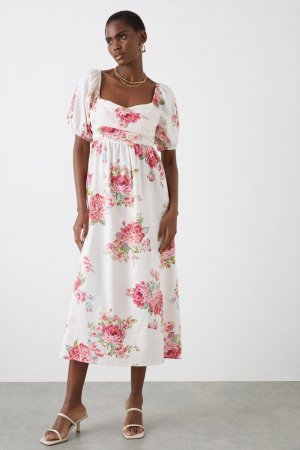 Платье миди с большим цветочным узором и перекрещенными деталями , белый Dorothy Perkins
