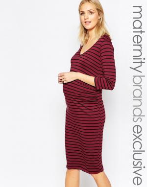 Полосатое облегающее платье миди для беременных с длинными рукавами Bl Bluebelle Maternity