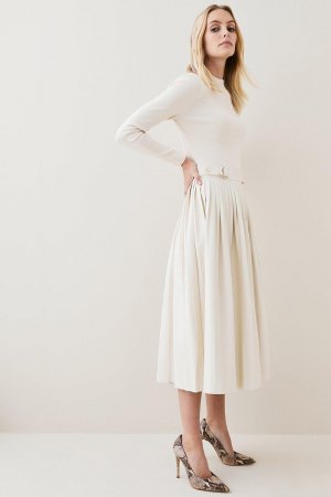 Миниатюрное платье макси с плиссированной юбкой из трикотажа смесовой вискозы и искусственной кожи , белый Karen Millen