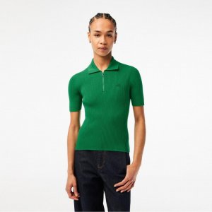 LACOSTE Women s Ribbed Seamless Half Zip Up Short Sleeve Polo Sweater AF4953 53G LDM