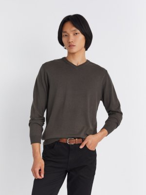 Шерстяной трикотажный пуловер с треугольным вырезом и длинным рукавом zolla. Цвет: темно-серый