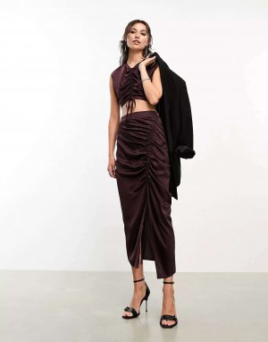 Эксклюзивная атласная юбка миди Carla темно-бордового цвета с рюшами x ASOS AllSaints