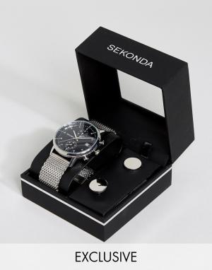 Часы с серебристым сетчатым браслетом и запонки в подарочном наборе Se Sekonda. Цвет: серебряный