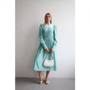 Платье , натуральный шелк, в классическом стиле, полуприлегающее, миди, пояс на резинке, подкладка, размер 40, голубой NA LUBVI. Цвет: голубой