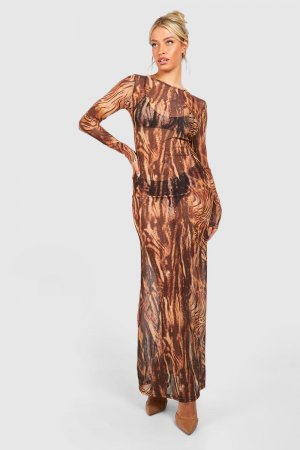 Сетчатое платье макси с леопардовым принтом и длинными рукавами boohoo, мультиколор Boohoo