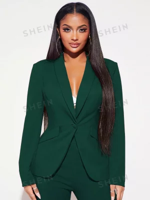 SXY Женский однобортный пиджак с закругленным воротником, темно-зеленый SHEIN