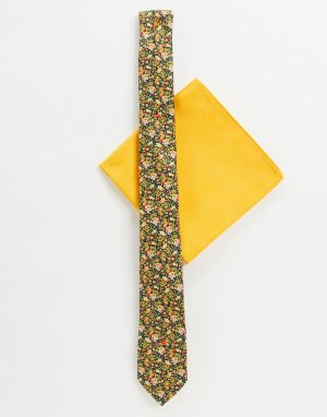 Желтый галстук и платок для пиджака с цветочным принтом ASOS DESIGN