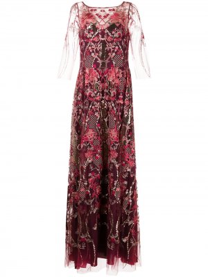 Длинное платье с вышивкой Marchesa Notte. Цвет: красный