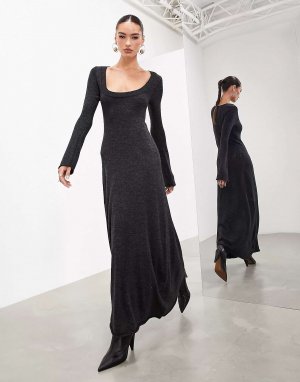 Темно-серое вязаное платье макси с длинными рукавами и круглым вырезом ASOS