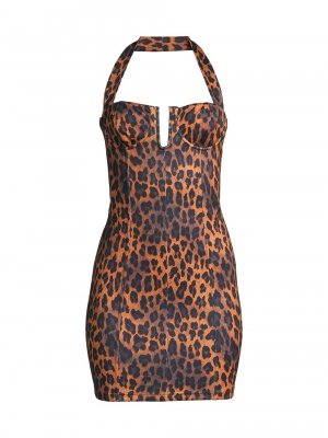 Леопардовое мини-платье из джерси с лямкой на шее Victor Glemaud