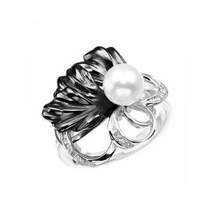 Перстень Морской бриз, серебро, 925 проба, родирование, фианит, жемчуг культивированный, размер 16, черный, серебряный Альдзена. Цвет: черный/серебристый/серебристый-черный