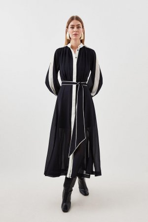 Миниатюрное тканое платье миди в стиле милитари с поясом и длинными рукавами , черный Karen Millen