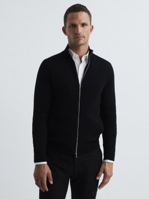 Куртка на молнии из шерсти мериноса с длинными рукавами Hampshire, черная Reiss