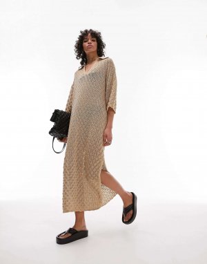 Вязаное платье-поло макси нейтрального цвета с узором Topshop