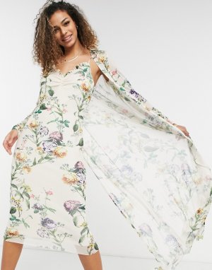 Платье-комбинация в комплекте с легким кардиганом стиле 90-х цветочным принтом шалфейно-зеленого цвета -Зеленый цвет Hope & Ivy