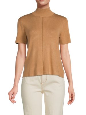 Трикотажная футболка в рубчик с воротником-стойкой , цвет New Camel Saks Fifth Avenue