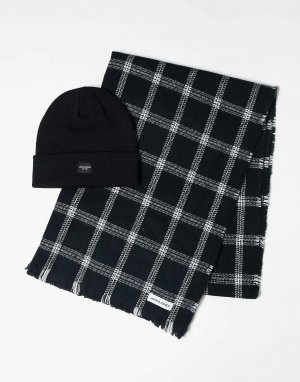 Черная шапка-шапка и шарф в клетку подарочной упаковке Jack & Jones
