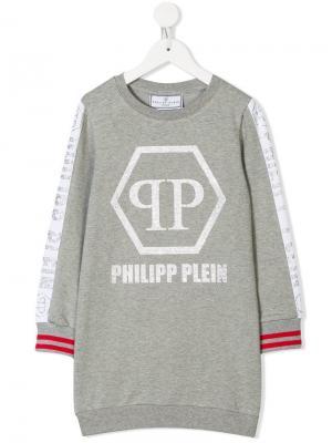 Платье-свитер с заплаткой логотипом Philipp Plein Junior. Цвет: серый