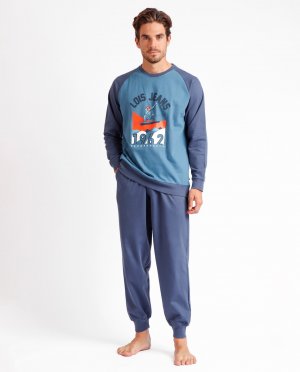Длинная синяя трикотажная мужская пижама , синий Lois