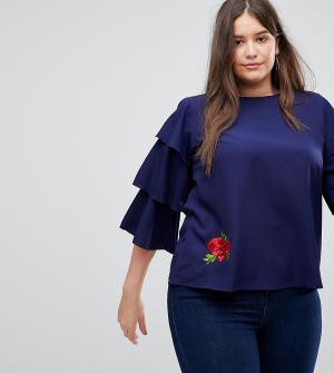 Блузка с рукавами клеш и цветочной вышивкой -Темно-синий Koko