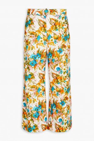 Льняные расклешенные брюки Estelle с поясом и цветочным принтом, белый Zimmermann