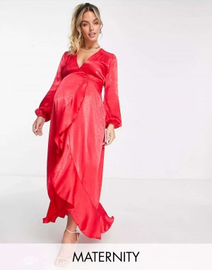Красное атласное платье макси с длинными рукавами и запахом воланами London Maternity Flounce
