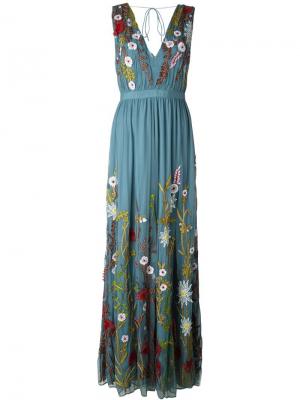 Длинное платье с цветочной вышивкой Alice+Olivia. Цвет: синий