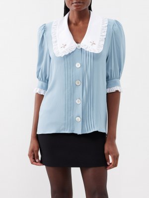 Блуза из крепа с цветочной вышивкой и оборками , синий Alessandra Rich