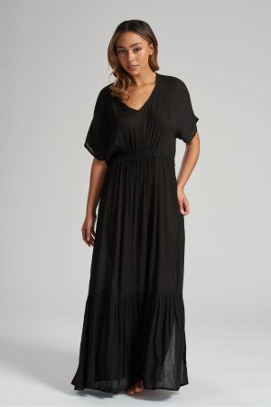 Пляжное платье-макси из ткани с рюшами , черный South Beach