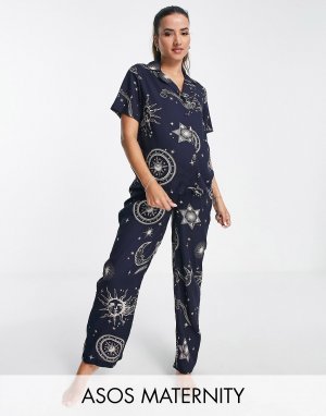 Темно-синий пижамный комплект с рубашкой и брюками из модала ASOS DESIGN Maternity