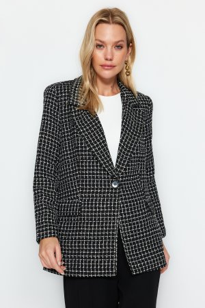 Черный твидовый пиджак с люрексом на подкладке Trendyol