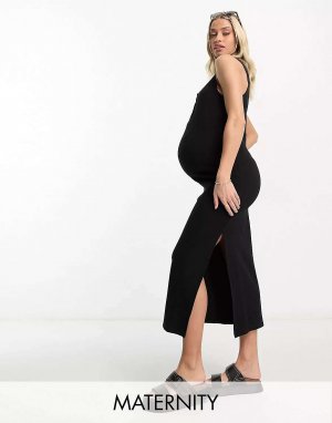 Хлопок: Черное платье макси Henley в рубчик для беременных Cotton:On