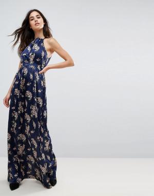 Атласное платье макси с цветочным принтом WYLDR. Цвет: темно-синий