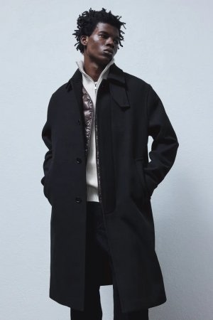 Полушерстяное пальто свободного кроя средней длины , черный H&M
