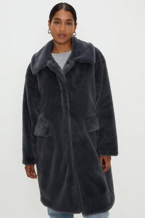 Пальто с удлиненным воротником из искусственного меха , серый Dorothy Perkins