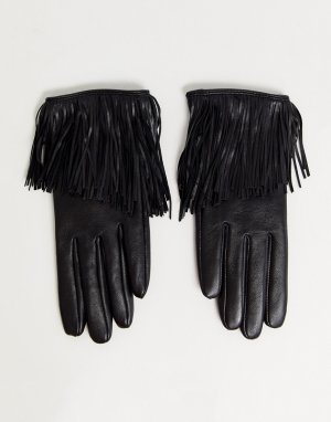 Черные кожаные перчатки для сенсорных экранов с бахромой -Черный ASOS DESIGN