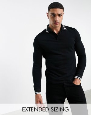 Черная рубашка поло из пике с длинными рукавами ASOS DESIGN - BLACK