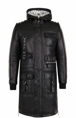 Удлиненная кожаная куртка на молнии с капюшоном Philipp Plein. Цвет: черный