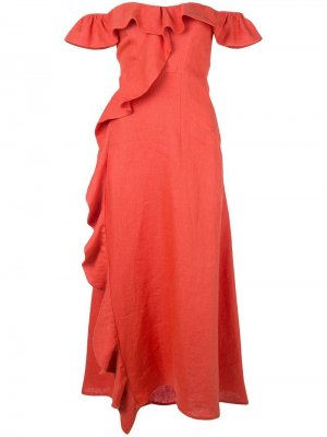Платье с открытыми плечами и оборками Beau Souci. Цвет: красный