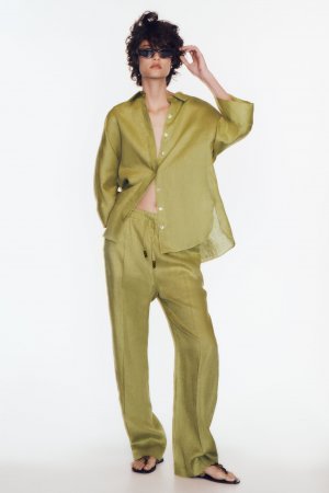Льняные брюки в пижамном стиле Zara, оливково-зеленый ZARA