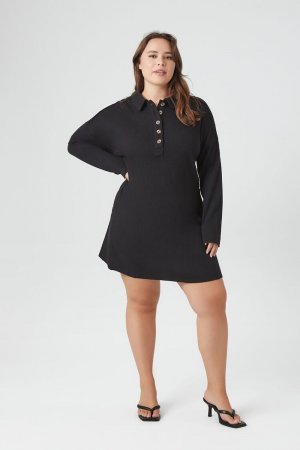 Мини-платье-рубашка вафельной вязки больших размеров , черный Forever 21