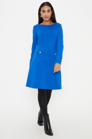 Платье прямого кроя Petite Premium с длинными рукавами из понте , синий Wallis