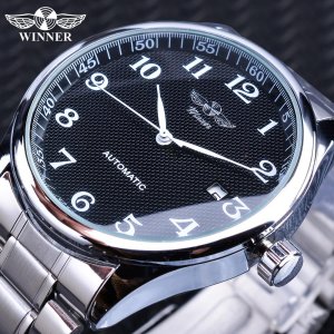 Победитель Простые черные часы с дисплеем даты Деловые мужские автоматические наручные Лучший бренд класса люкс T1131 WINNER