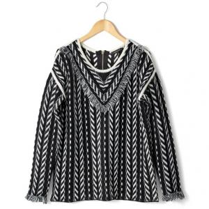 Пуловер с длинными рукавами на молнии, бахрома, вырез-лодочка COLOR BLOCK. Цвет: черный/ белый