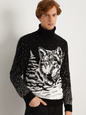 Вязаный свитер из акрила с волком zolla. Цвет: черный
