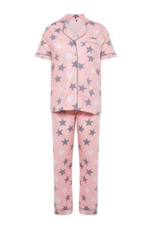 Вязаный пижамный комплект в полоску с узором «пудра» и звездами , розовый Trendyol