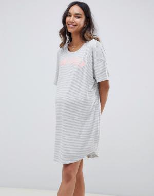 Серая ночная рубашка для беременных в полоску с надписью Powernap Bella Lindex. Цвет: серый