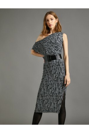 Женское платье с разрезом Вечернее блестящим узором, заниженное плечо, длина миди , серый Koton