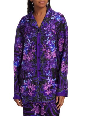 Шелковая пижамная рубашка с цветочным принтом , цвет Black Orchid Versace